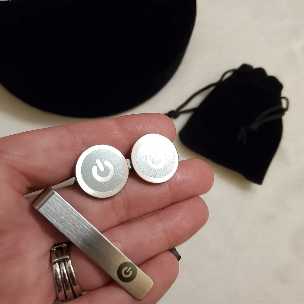 Stainless Steel Power Button Cufflink & Tie clip